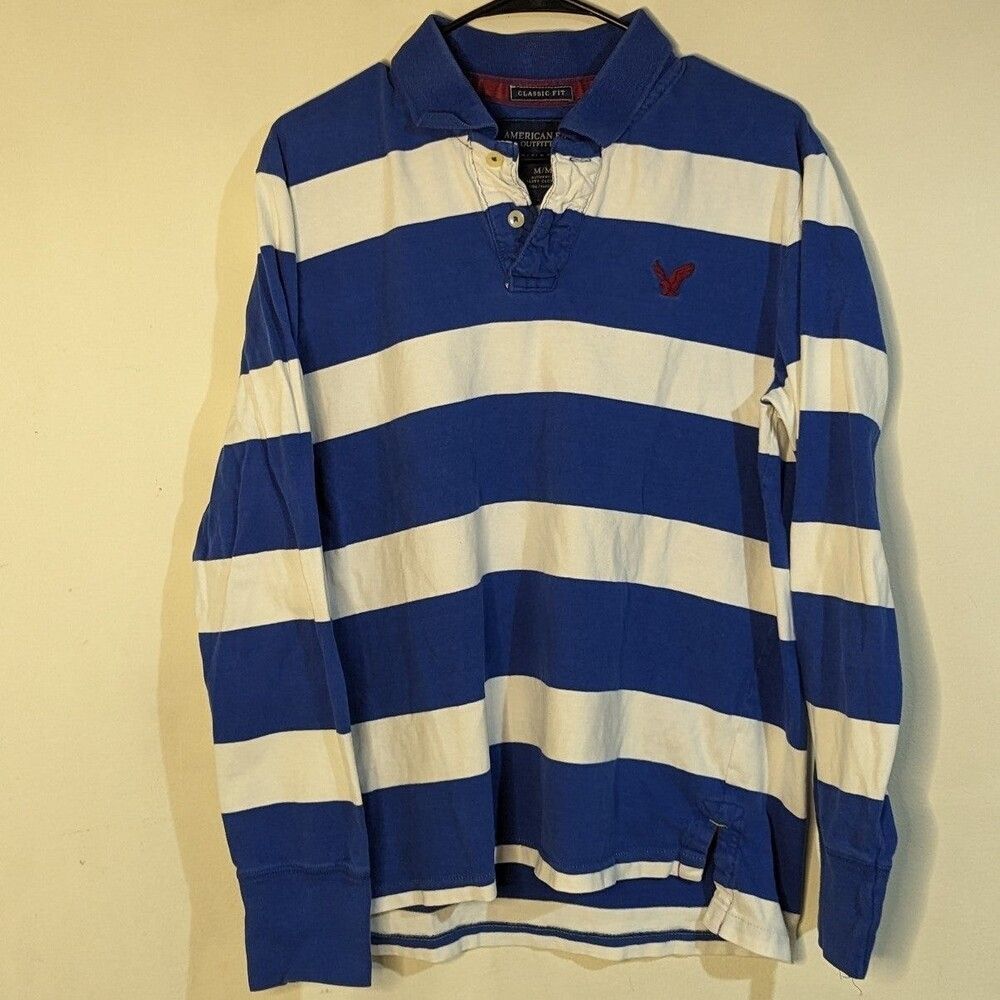 Vintage American Eagle‎ Y2K Medium Cotton Blue & White Striped Rugby Polo Shirt